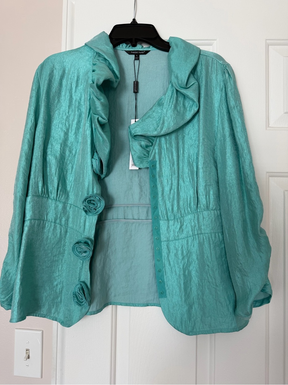 Samuel Dong Turquoise Ruffle-Trim Jacket with Rosette Buttons